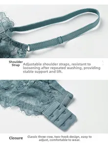 Detail view of adjustable straps and triple-row back hooks on misty blue lace bra set