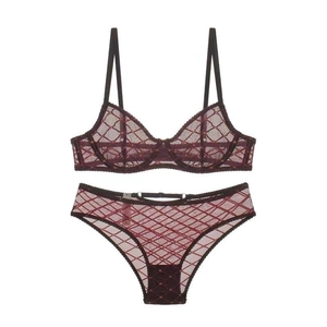Set lingerie in pizzo bordeaux ultrasottile con rete a quadri e bordi ondulati