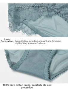 Detailed view of teal lace lingerie briefs featuring a 100% cotton inner crotch lining