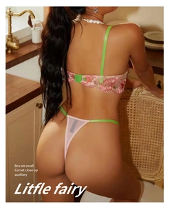 Vue détaillée du dos de l'ensemble soutien-gorge en maille rose brodé de fleurs