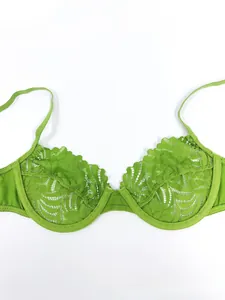 Detail shot of green lace bra showing intricate floral mesh and scalloped edges