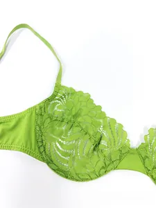 Detailed close-up of green floral lace embroidery on sheer full-cup underwire bra