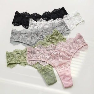 Five pack of low rise lace thongs for women with floral patterns in multi-color assortment