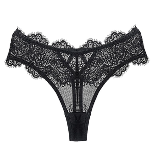 Elegant black eyelash lace thong for women featuring intricate floral rose patterns