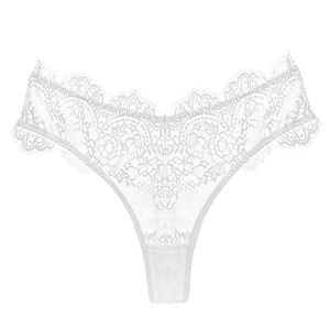 Detailed close-up of white floral eyelash lace fabric on these low-rise thong panties