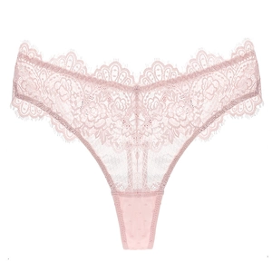 Close-up of light pink floral lace thong featuring delicate eyelash trim details