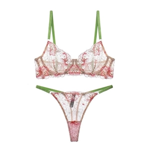Lace floral embroidery lingerie set with green velvet straps and sheer mesh fabric