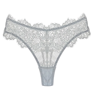 Elegant floral lace thong in blue-grey with sheer mesh and eyelash lace detailing