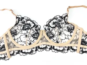 Close-up of intricate black floral embroidery on sheer beige lace bra with underwire