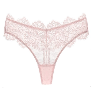 Pale pink lace thong for women with delicate floral embroidery and sheer mesh detail