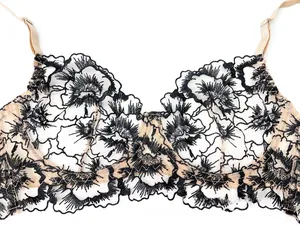 Detail shot of delicate black floral lace embroidery on sheer mesh bra with underwire support