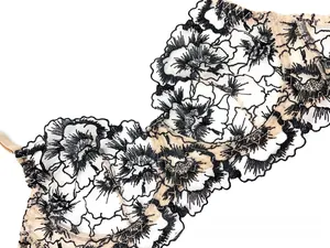 Close-up of floral embroidery on nude mesh fabric with black lace scalloped edges