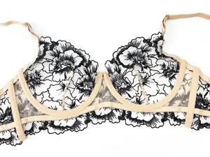 Close-up of black floral embroidery on beige mesh lace bra with balcony cup design