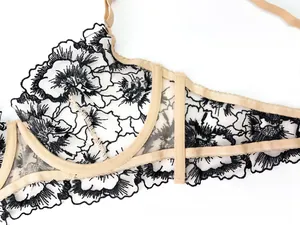 Close-up detail of black floral lace and beige straps on a French style lingerie set