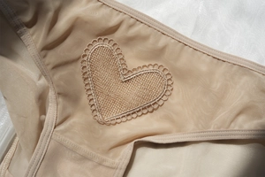 Close-up of heart embroidery lace on breathable mesh underwear with soft floral details