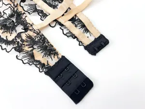 Detail of floral lace lingerie showing the three-row hook and eye back closure