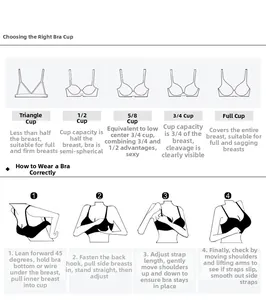 Lingerie guide for bra cup types and a four-step professional fitting instruction manual