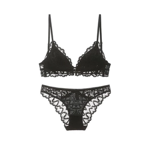 Französisches Spitzen-Dessous-Set mit U-Rücken, Vorderverschluss und Slip in Schwarz