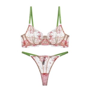 Floral embroidery lingerie set with white mesh bra and thong in colorful flower pattern