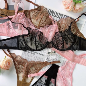 Detail shot of sheer floral lace lingerie set with underwire cups in flat lay display