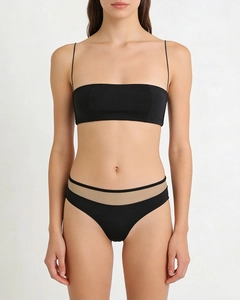 Detail of black bandeau bra and matching brief with beige mesh patchwork trim