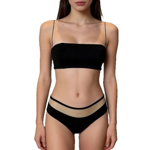 French style thin strap seamless bralette and bikini panty set with mesh trim in black