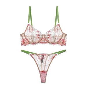 Floral embroidery lace lingerie set with underwire bra and thong in pink and green