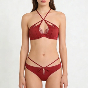 Ensemble de Lingerie Sexy en Satin Style Français pour Femmes Dentelle Col en V Profond Sangles Croisées Soutien-Gorge Push Up et Culotte Haut et Bas