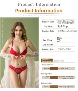 Detail of red floral lace lingerie set with front closure and gathered 3/4 cup bra design