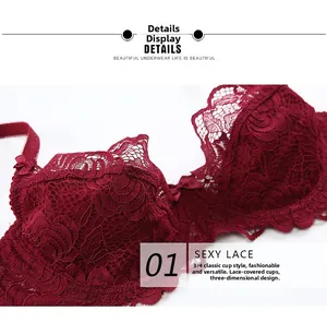 Close-up of 3/4 classic wine red lace cup with exquisite 3D floral pattern details