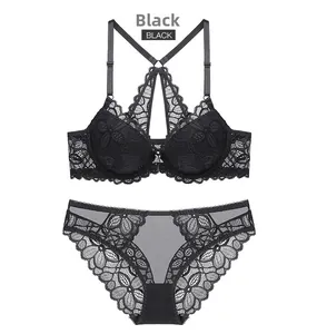 Detailed flat lay of black lace lingerie set with front-closure bra and Y-back straps