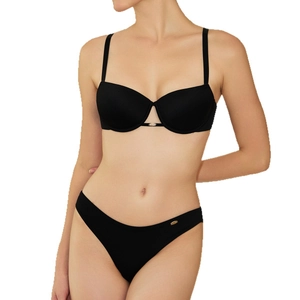 Set lingerie push-up nero senza cuciture con dettagli dorati e finitura liscia