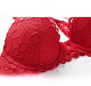 Macro shot of 3D embroidered floral lace on the red bra cup with fine scalloped edges