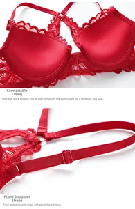 Detail view of red lace bra featuring push-up padding and adjustable shoulder straps