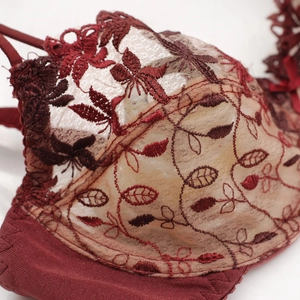 Ensemble lingerie bordeaux foncé avec broderie florale et détails en mesh transparent