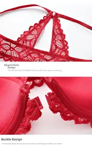 Detailed macro view of red lace bra with front buckle and V-shaped hollow back design