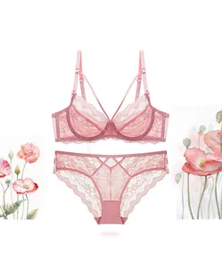 Ensemble de lingerie en dentelle rose avec broderie florale et fines bretelles doubles
