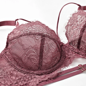 Deep burgundy lace bra with eyelash embroidery and underwire support for women