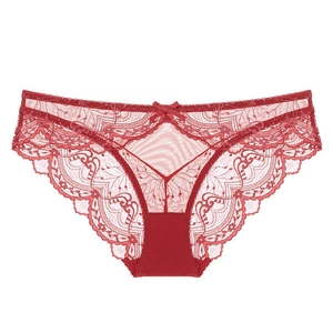 French style dark red lace panties with mesh design and a cute bow on front