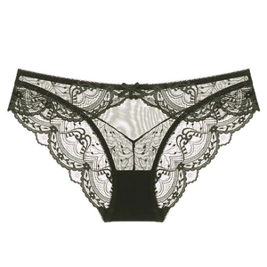 Sexy black floral lace panties with sheer mesh and cotton crotch for women