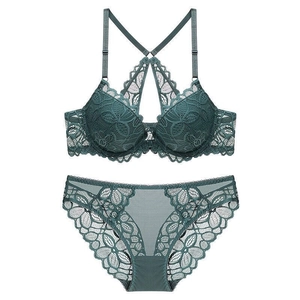 Lace front closure bra set with deep green floral pattern and matching panties