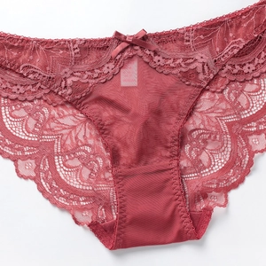 Sexy French wine red lace panty with floral embroidery and bow detail on mesh