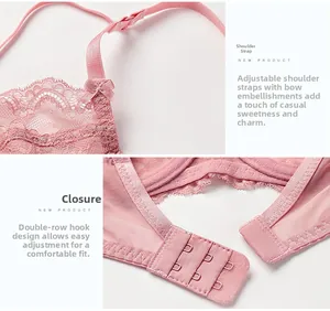 Détails du soutien-gorge en dentelle rose avec bretelles réglables et agrafage double