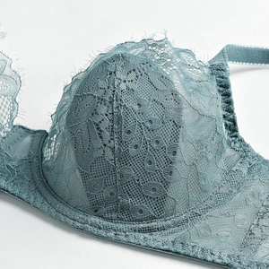 Lace bra in dusty blue with eyelash detailing and floral pattern in a macro view