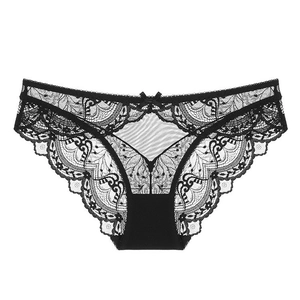 Elegant black lace panty with floral patterns and bow tie detail on white background