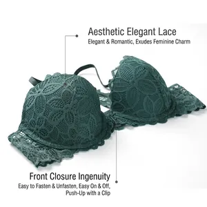 Elegant dark green lace front-clasp push-up bra featuring delicate floral embroidery