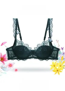 Detailed close-up of dark green floral lace bra with adjustable straps and intricate patterns