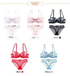 Detail of floral lace embroidery lingerie sets in white, pink, black, red, and blue colors