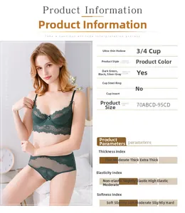 Lace bra set in dark green with ultra-thin lace details and 3/4 cup underwire support