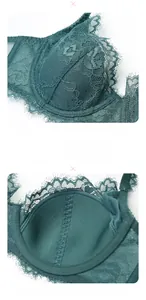 Detail view of dark green eyelash lace bra cup with soft cotton lining and underwire support